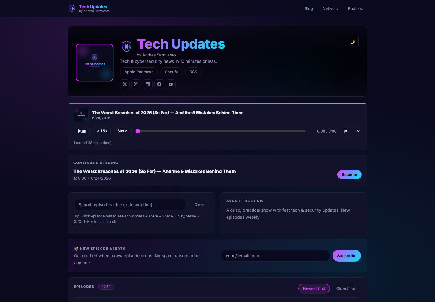 Sitio del pódcast Tech Updates con reproductor web a la medida y suscripción a alertas de episodios