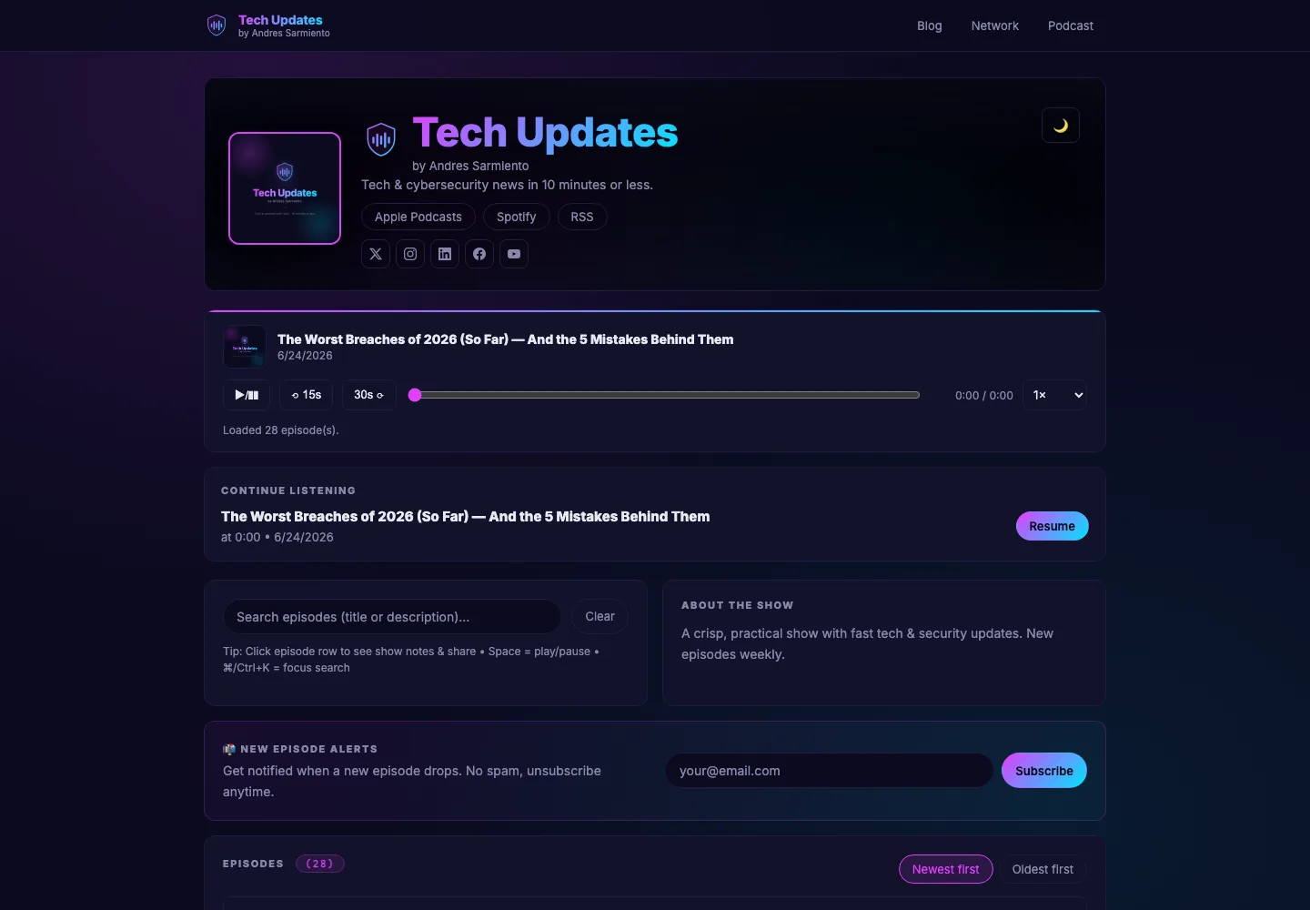 Tech Updates podcast site with custom web player and episode alerts signup