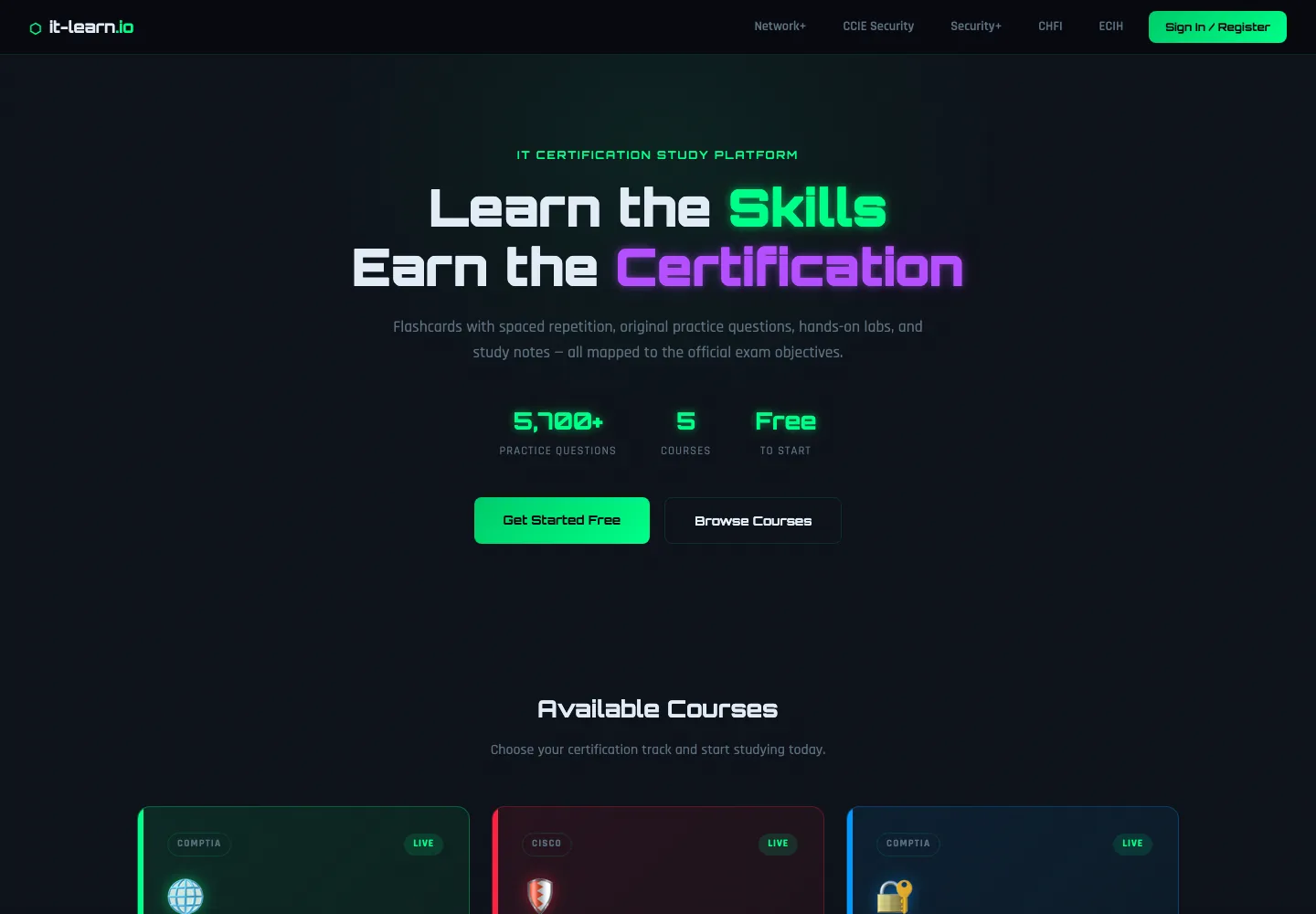 it-learn.io certification study platform with five courses and 5,700+ practice questions