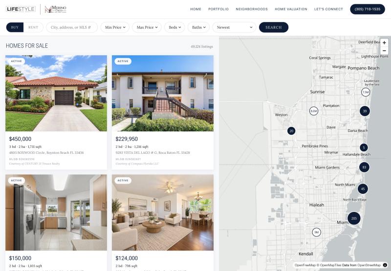 Búsqueda MLS en vivo en themerinogroup.com — más de 49.000 listados activos en vista de lista y mapa