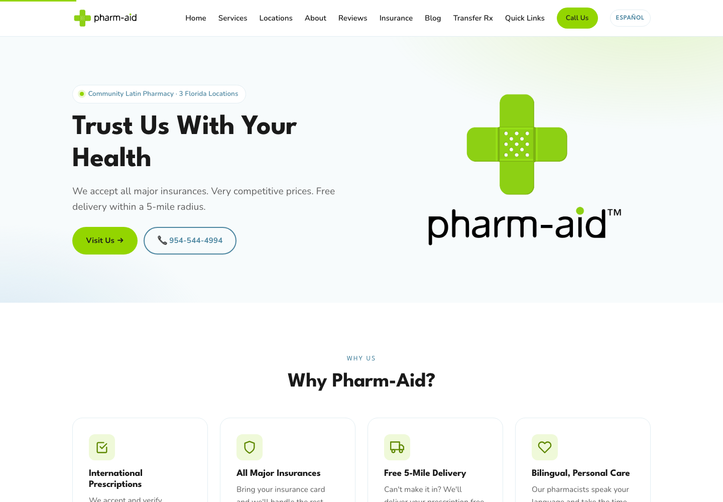 Pharm-Aid Pharmacy homepage — bilingual website built by Collab Media