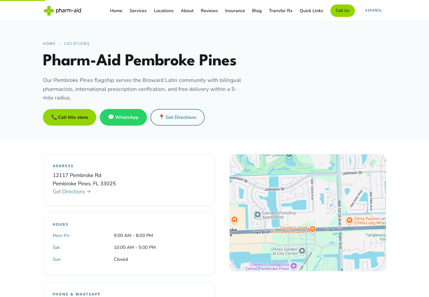Pharm-Aid Pembroke Pines location page with map, hours, and directions
