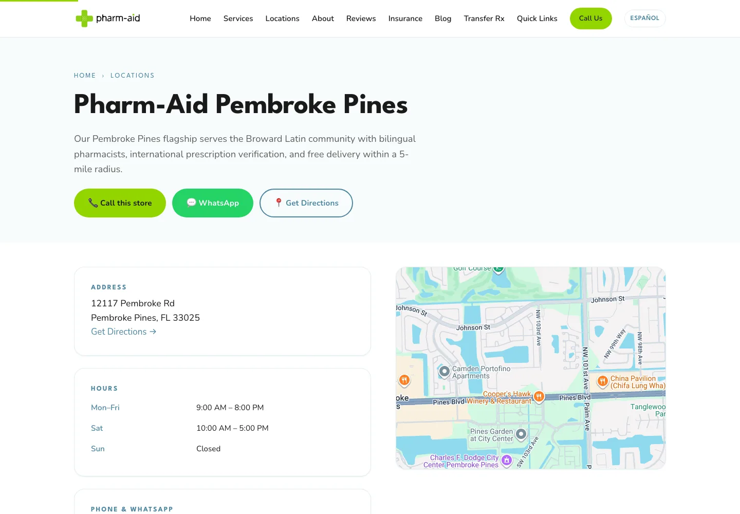 Pharm-Aid Pembroke Pines location page with map, hours, and directions