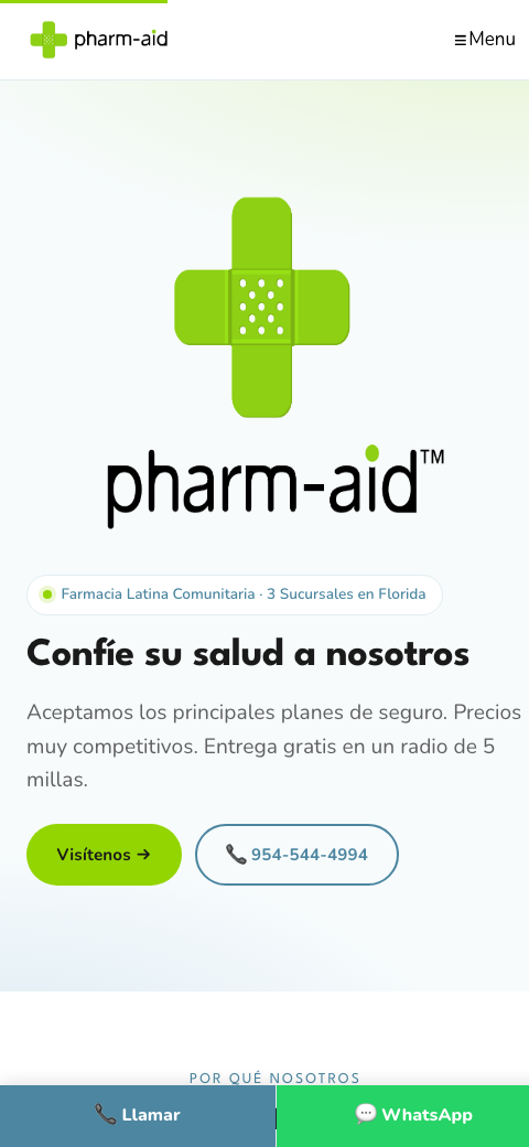 Pharm-Aid Spanish homepage on mobile with sticky call and WhatsApp bar